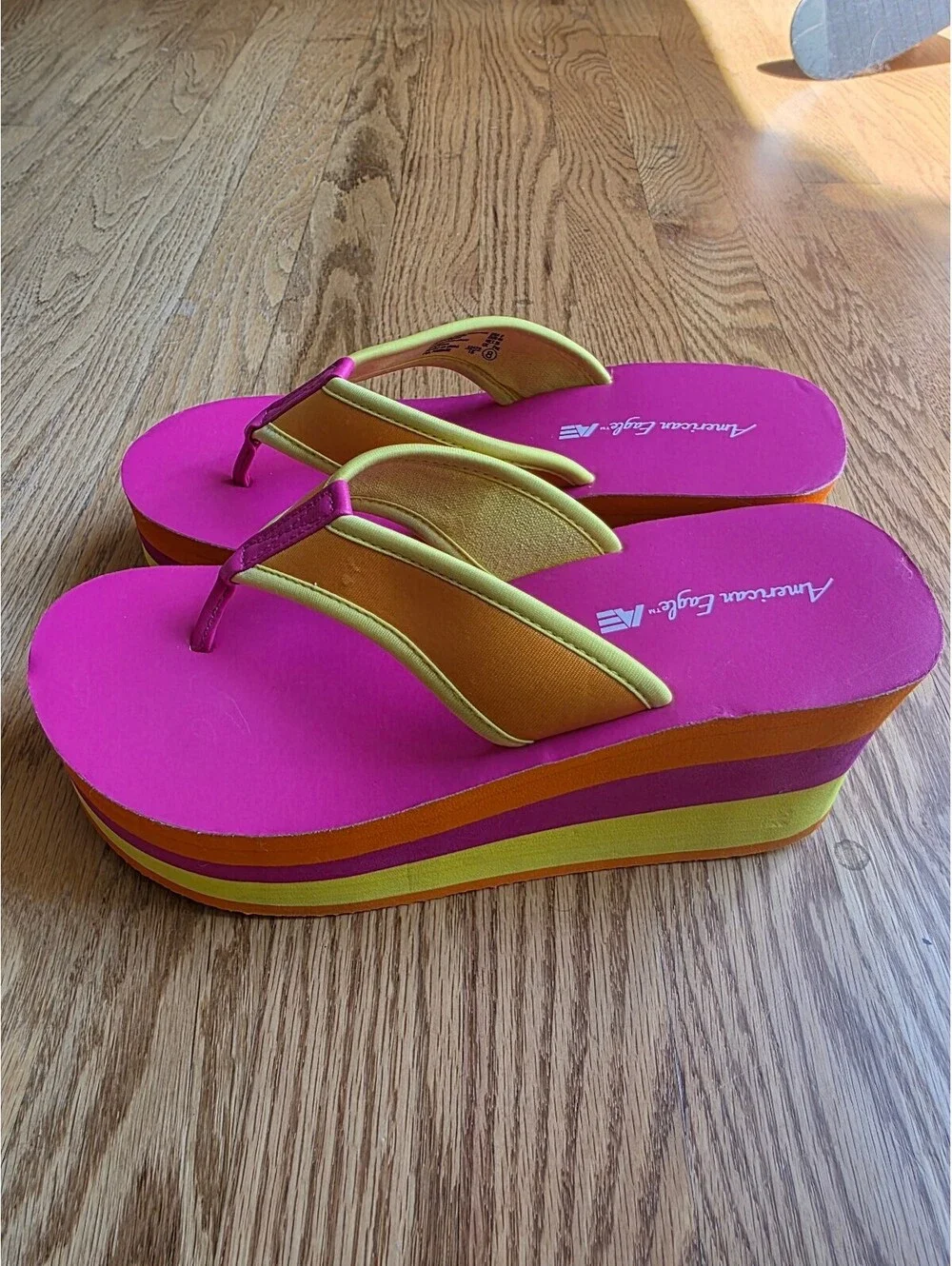 Y2K Vtg American Eagle Platform Flip Flops Chunky Wedge Pink and Orange Size 8